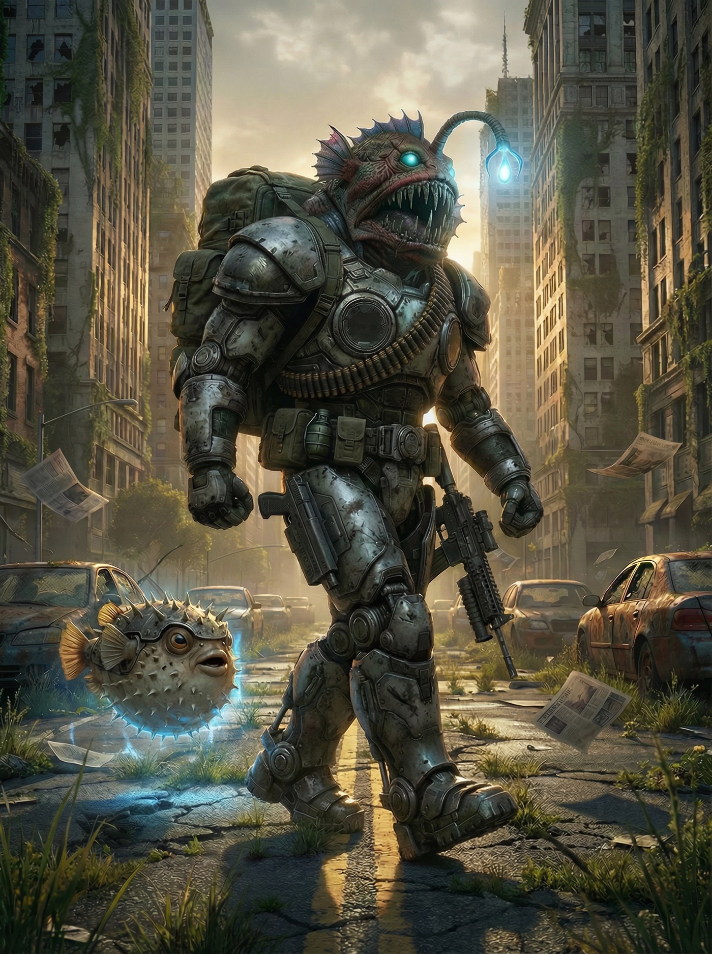 Agent Lump walking with the tactical Pufferfish ally through the ruins