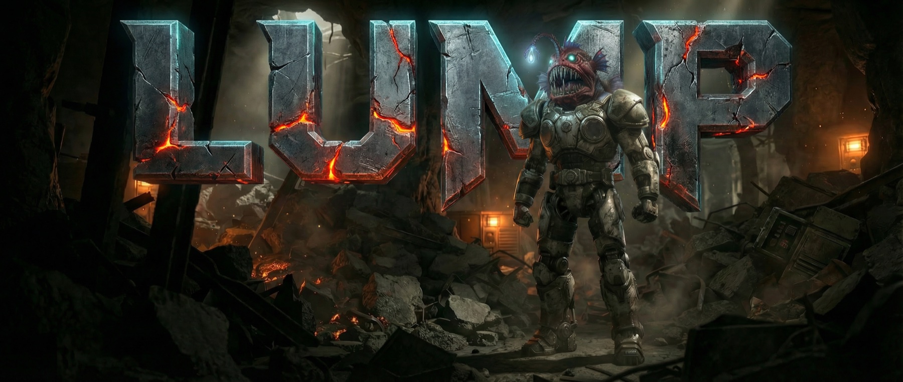 LUMP — cracked stone letters with molten cracks beside an armored anglerfish soldier